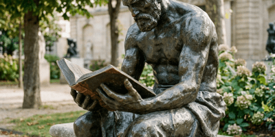 Bronze statue of a muscular man sitting on a stone bench reading an open book outdoors.