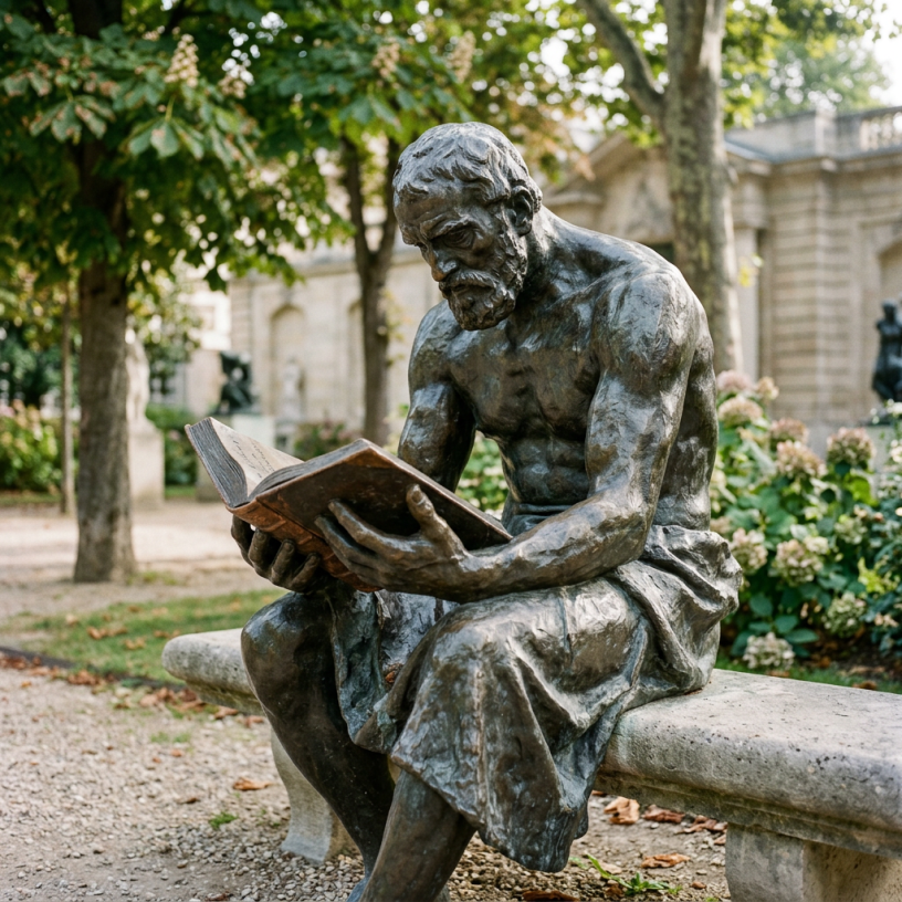 Bronze statue of a muscular man sitting on a stone bench reading an open book outdoors.